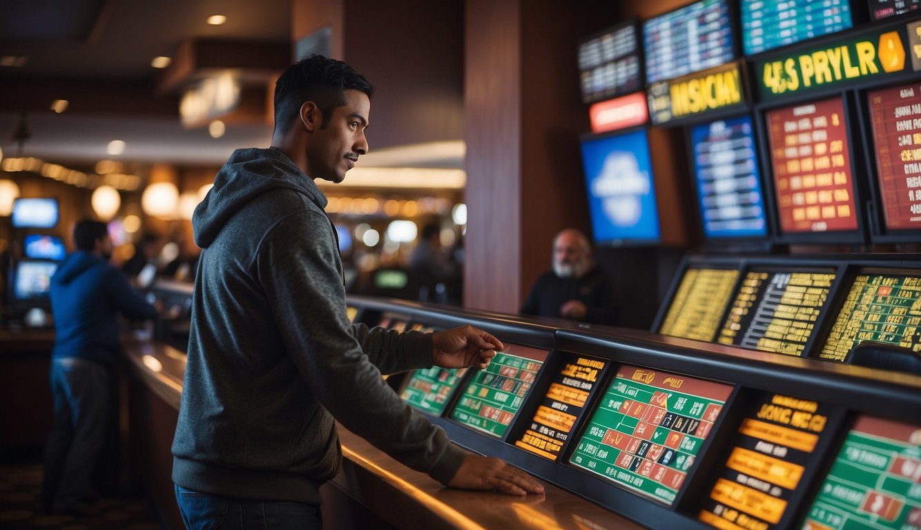 A person placing a bet at a sportsbook counter in Oregon with a sign indicating "Legal Sports Betting" in the background