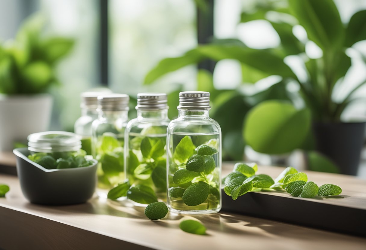 Bottles of hair vitamins on a clean, modern countertop with natural light streaming in, surrounded by lush green plants for a fresh, healthy vibe