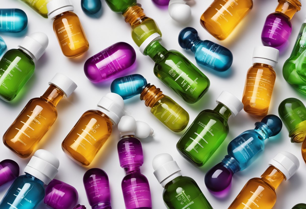 Ampoules of hair vitamins on a clean, white surface with vibrant, colorful packaging and a background of lush, healthy hair