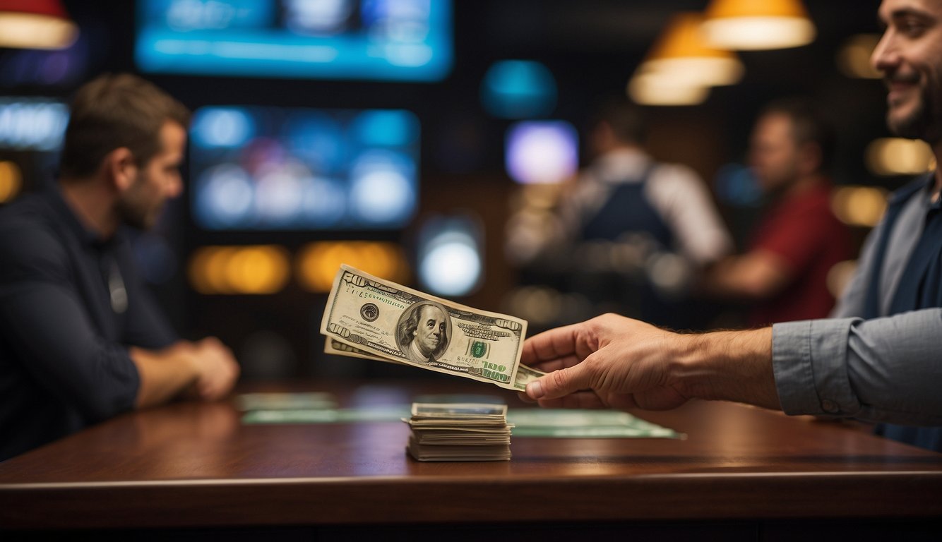 A sportsbook cashier hands a customer a stack of cash and a voucher for a free bet, with a promotional banner in the background