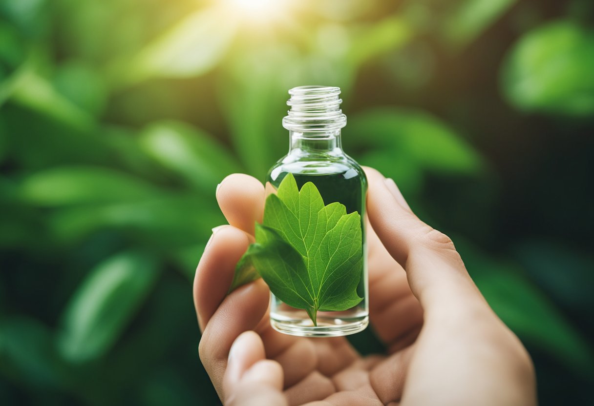 A hand holding a vitamin hair ampoule, with long, strong, and healthy hair flowing from the ampoule, surrounded by vibrant and lush greenery