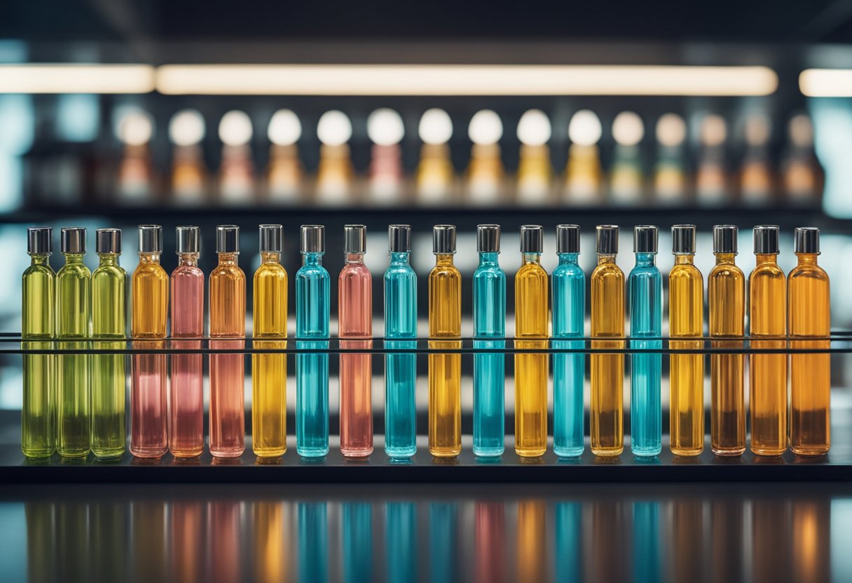 A row of colorful vitamin hair ampoules arranged on a sleek, modern shelf with a bold title above them