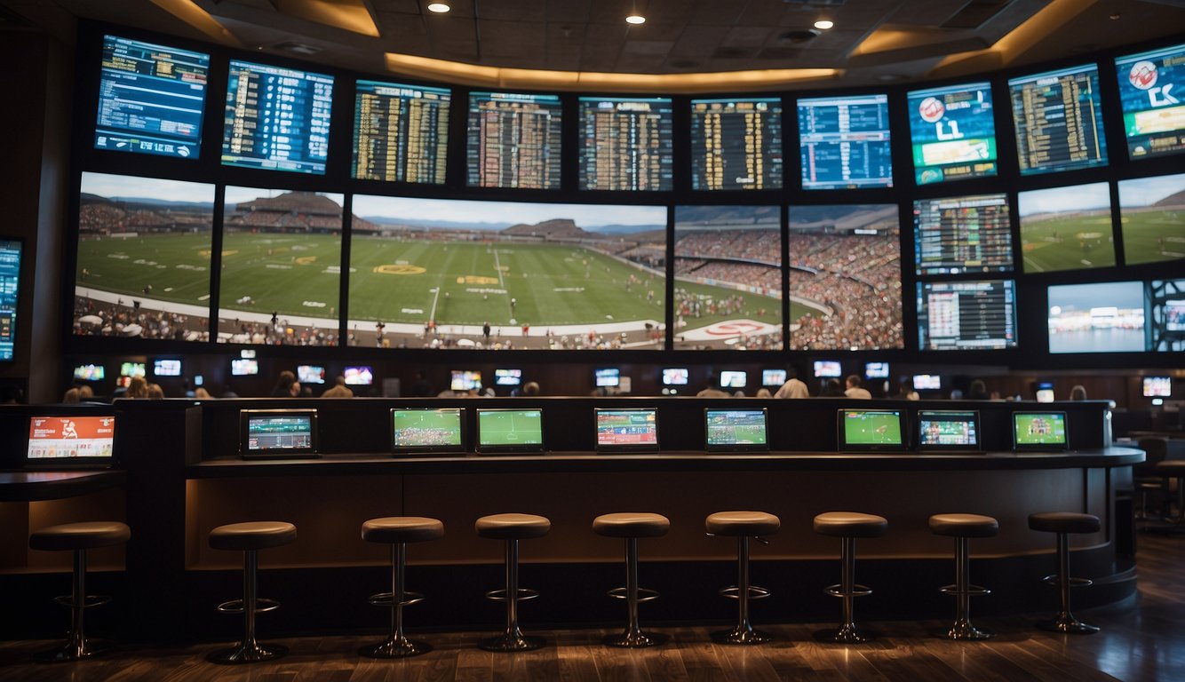 A bustling sportsbook with odds boards and betting windows, set against a backdrop of South Dakota's iconic landscapes