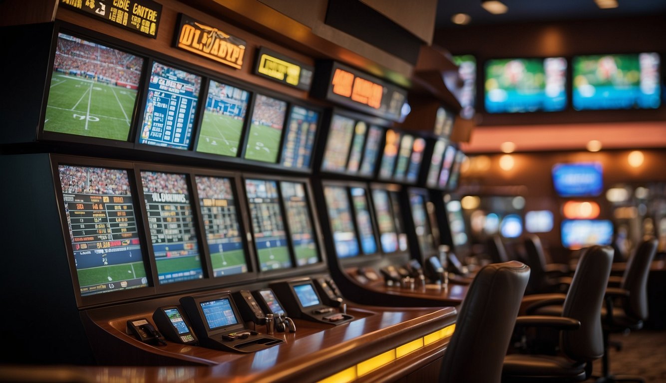 A sportsbook with various betting options displayed, surrounded by South Dakota landmarks