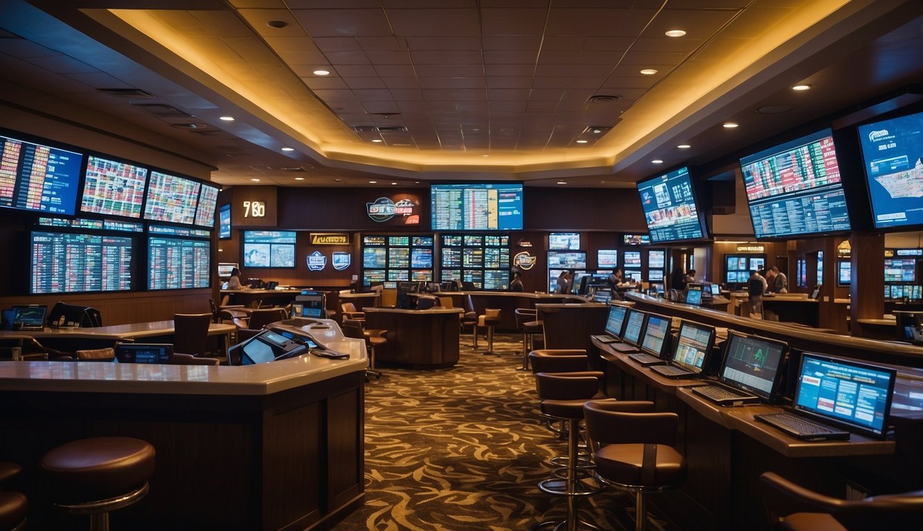 A bustling sportsbook with various betting markets displayed on screens, with a prominent sign asking "Is Sports Betting Legal in South Dakota?"