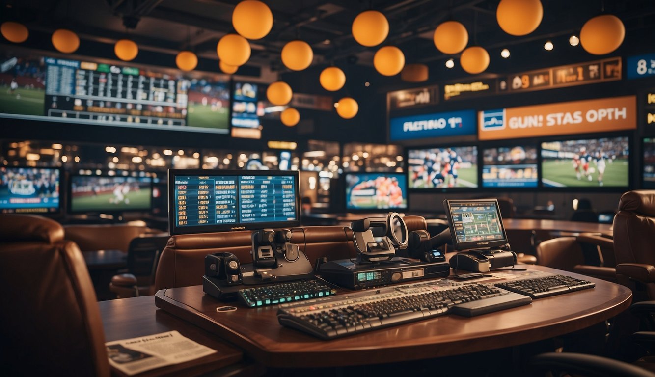 A sports betting advertisement with bold text and dollar signs, surrounded by images of sports equipment and cheering fans