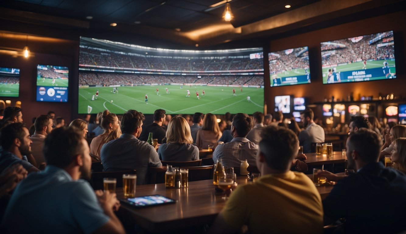 A crowded sports bar with people cheering, watching multiple screens displaying sports events. A digital display shows odds and betting options for various games