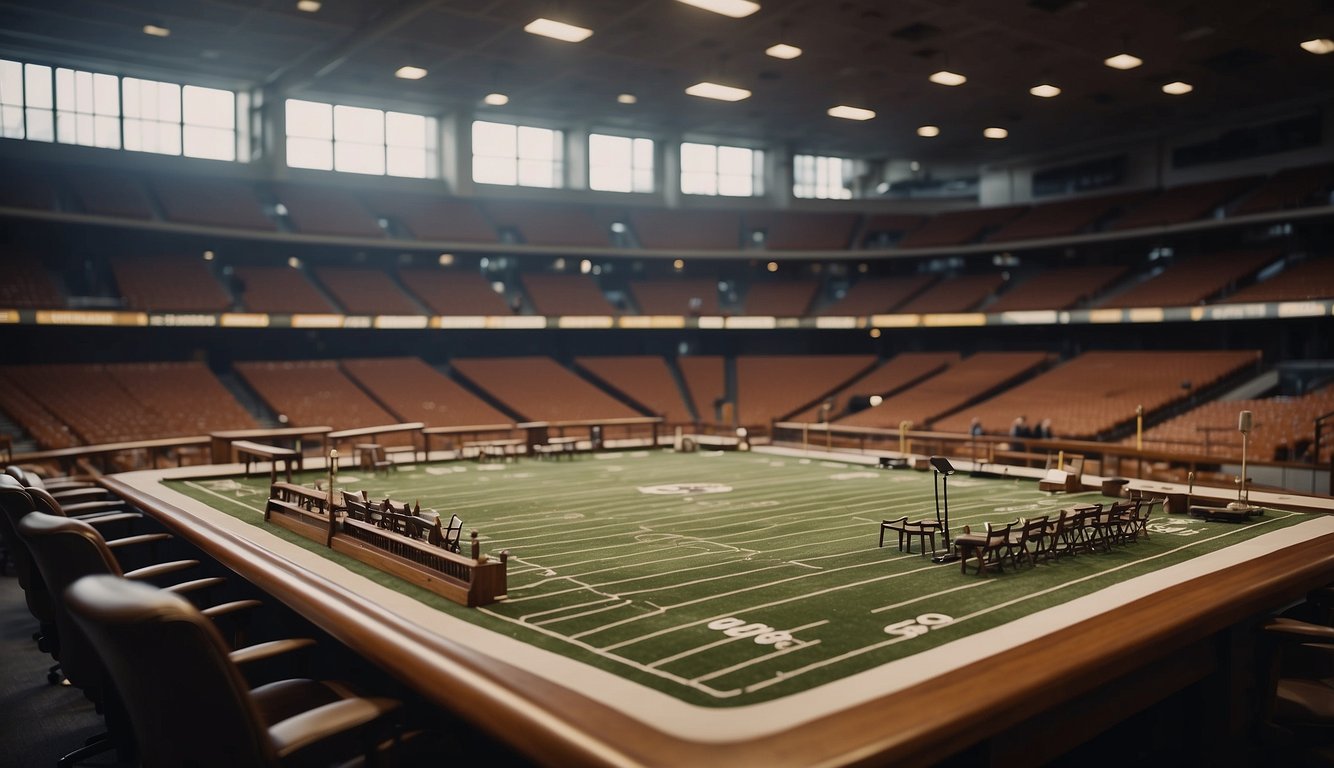 A courtroom setting with judges and lawyers, a map of Tennessee, and a sports stadium in the background