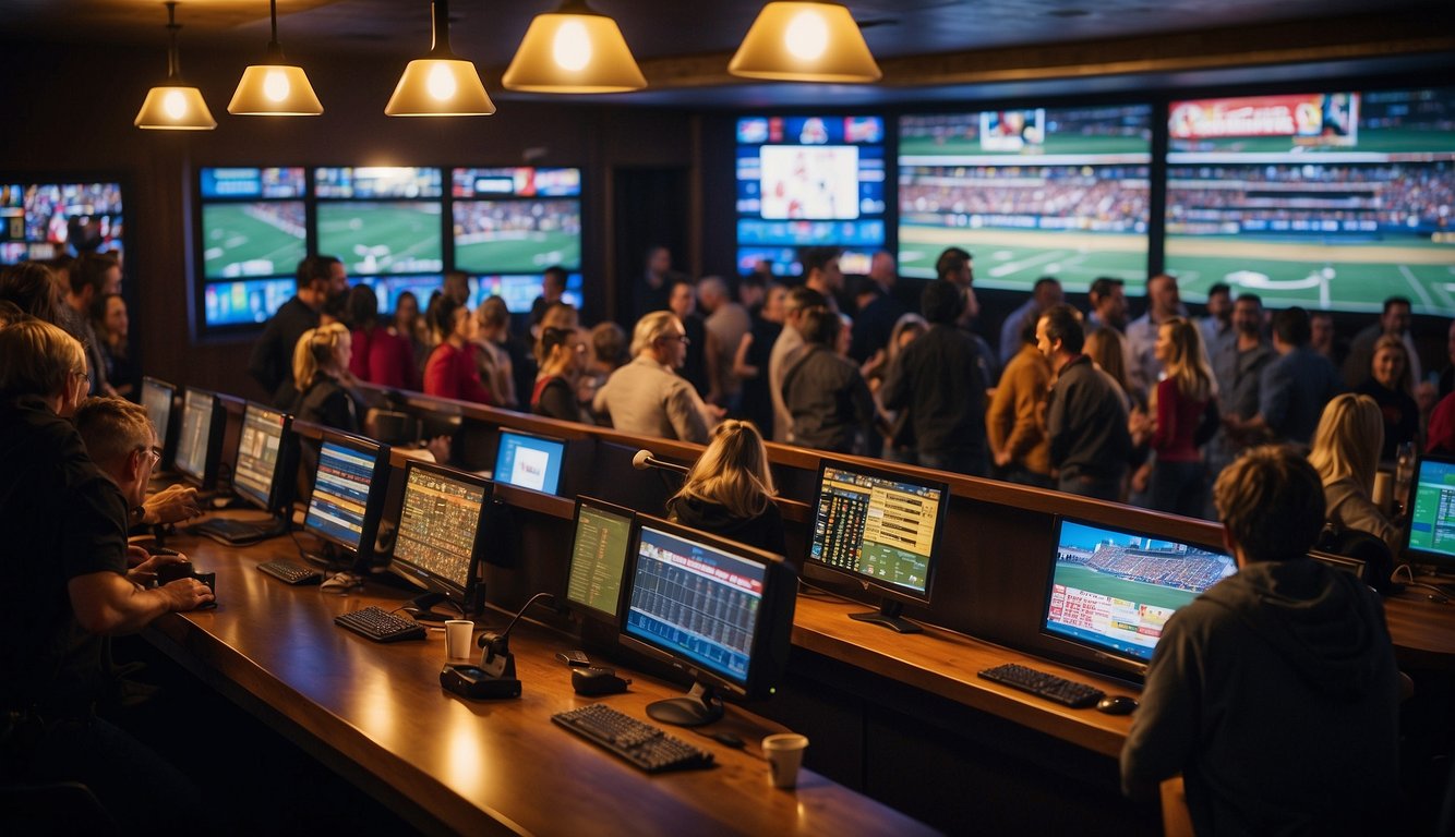 A crowded sports bar in Tennessee with people placing bets at the counter and watching multiple screens showing live sports events