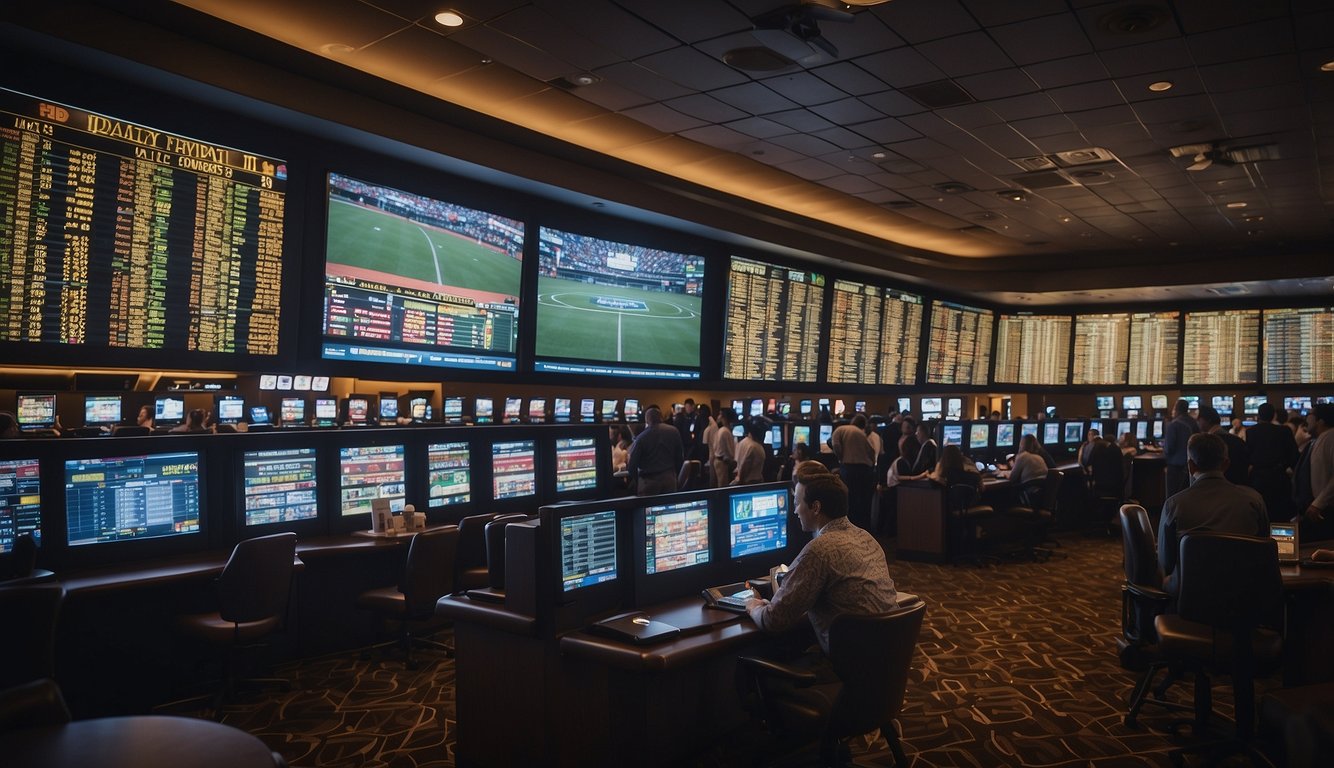 A bustling sportsbook with digital screens displaying odds, a crowd of excited bettors, and a cashier accepting wagers in a Tennessee sports betting facility