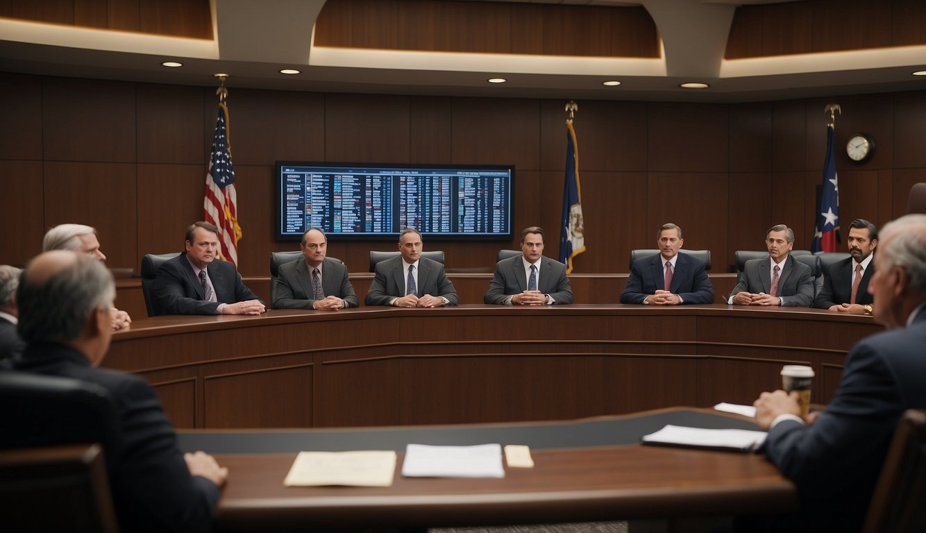 A courtroom with judges and lawyers debating the legality of sports betting in Texas. Legal documents and historical references are scattered on the table