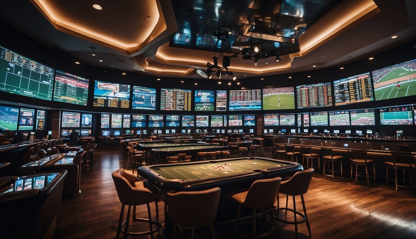 A bustling sportsbook with electronic screens displaying odds and games, surrounded by a modern and sleek industrial structure