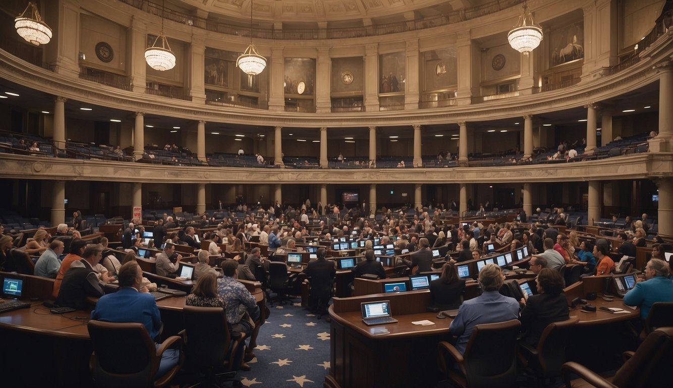 A crowded Texas state capitol with signs and banners for and against sports betting, as lawmakers debate the issue in a heated and tense atmosphere