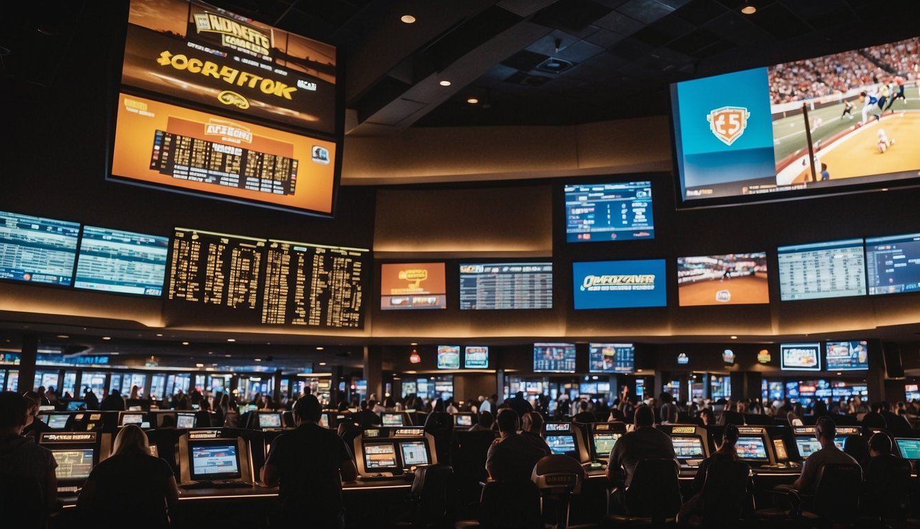 A bustling sportsbook in Oklahoma with bettors cheering and placing wagers, while across the border in Texas, a desolate scene with no sports betting activity visible