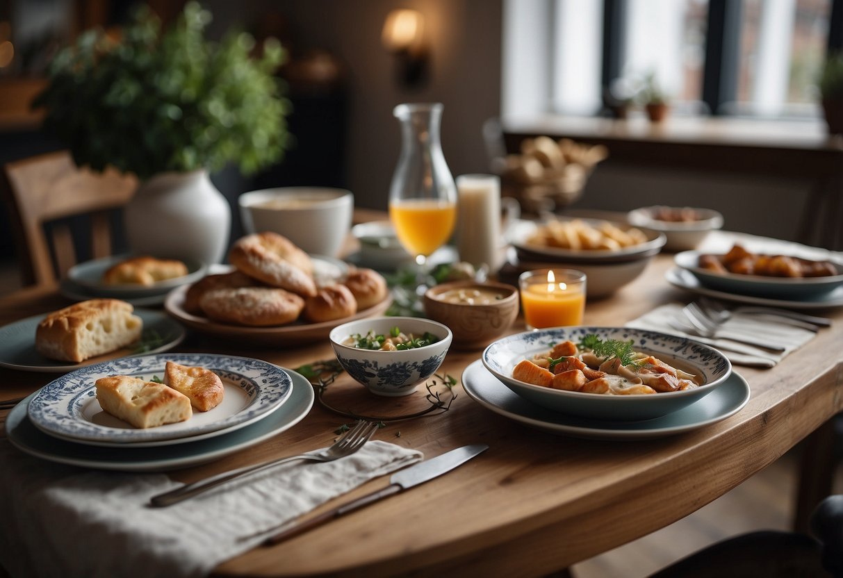 A table set with traditional Danish dishes, surrounded by historical artifacts and cultural symbols of Haslev