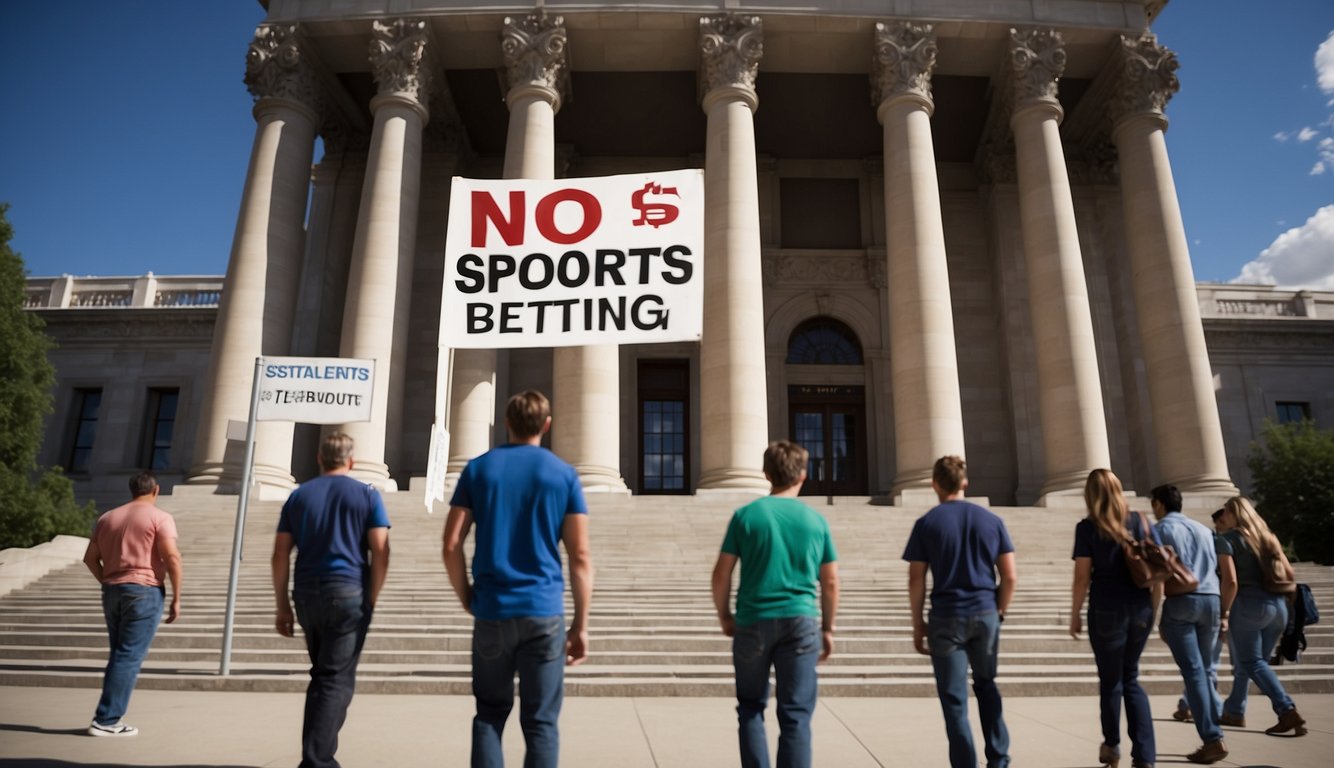 A large "No Sports Betting" sign stands in front of the Utah state capitol building, with a group of disappointed sports fans walking away