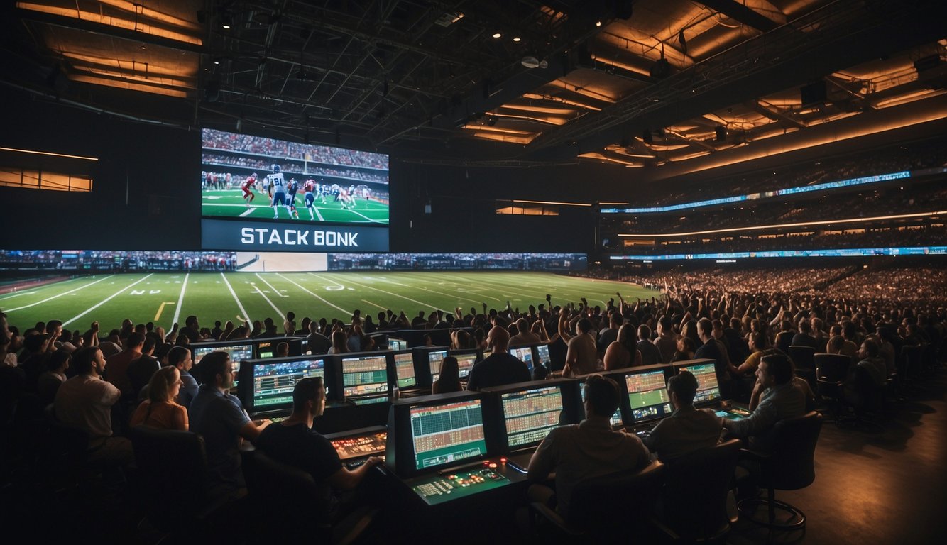 A bustling sports arena with cheering fans, a giant screen displaying odds, and a line of eager bettors at a newly opened sportsbook in Utah