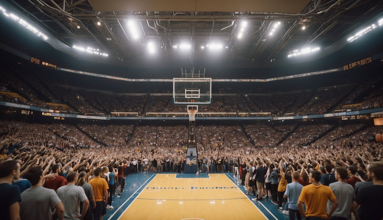 A basketball court filled with cheering fans as two opposing teams face off, with a backdrop of a heated debate on sports betting legality in Utah