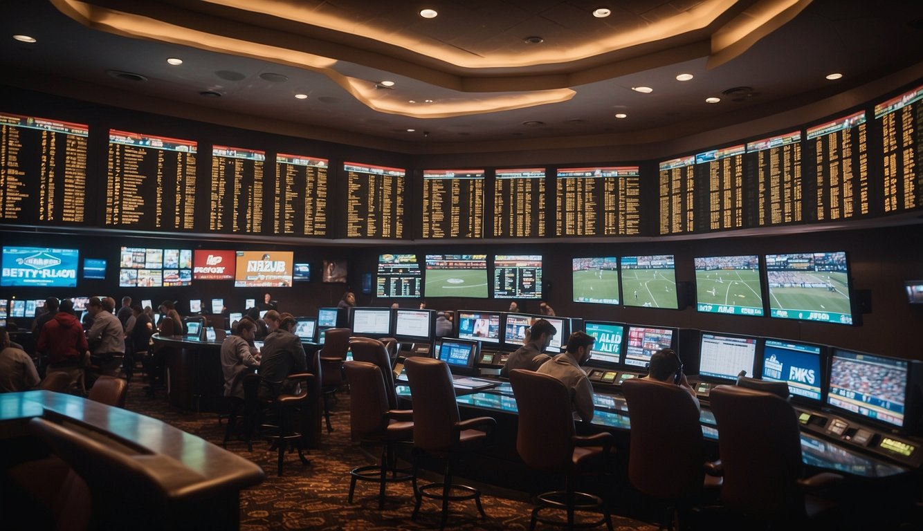 A crowded sportsbook with various betting options displayed on screens and posters. A sign reads "Is Sports Betting Legal in Utah?" in bold letters