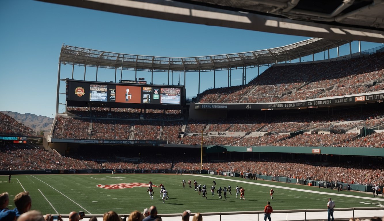 A crowded sports stadium with banners advertising promotions and bonuses. A large sign asking "Is Sports Betting Legal in Utah" hangs above the entrance