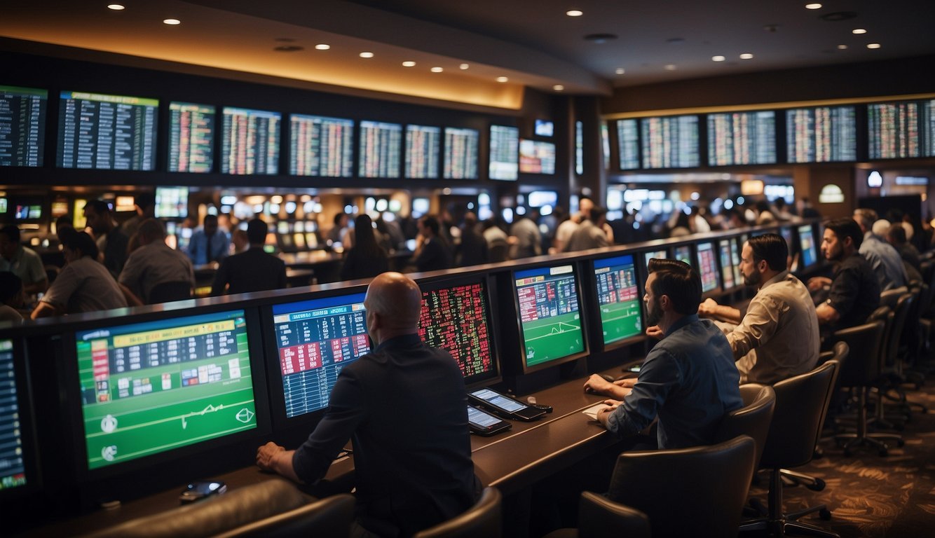 A bustling sportsbook with electronic screens displaying odds and statistics. A line of eager bettors waits at the counter, while others study their betting slips