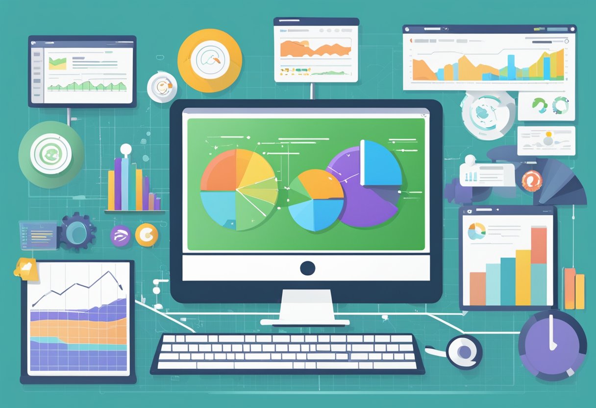 A computer screen displays various marketing automation and CRM tools, with colorful graphs and data charts. A mouse hovers over the screen, ready to click and interact with the tools