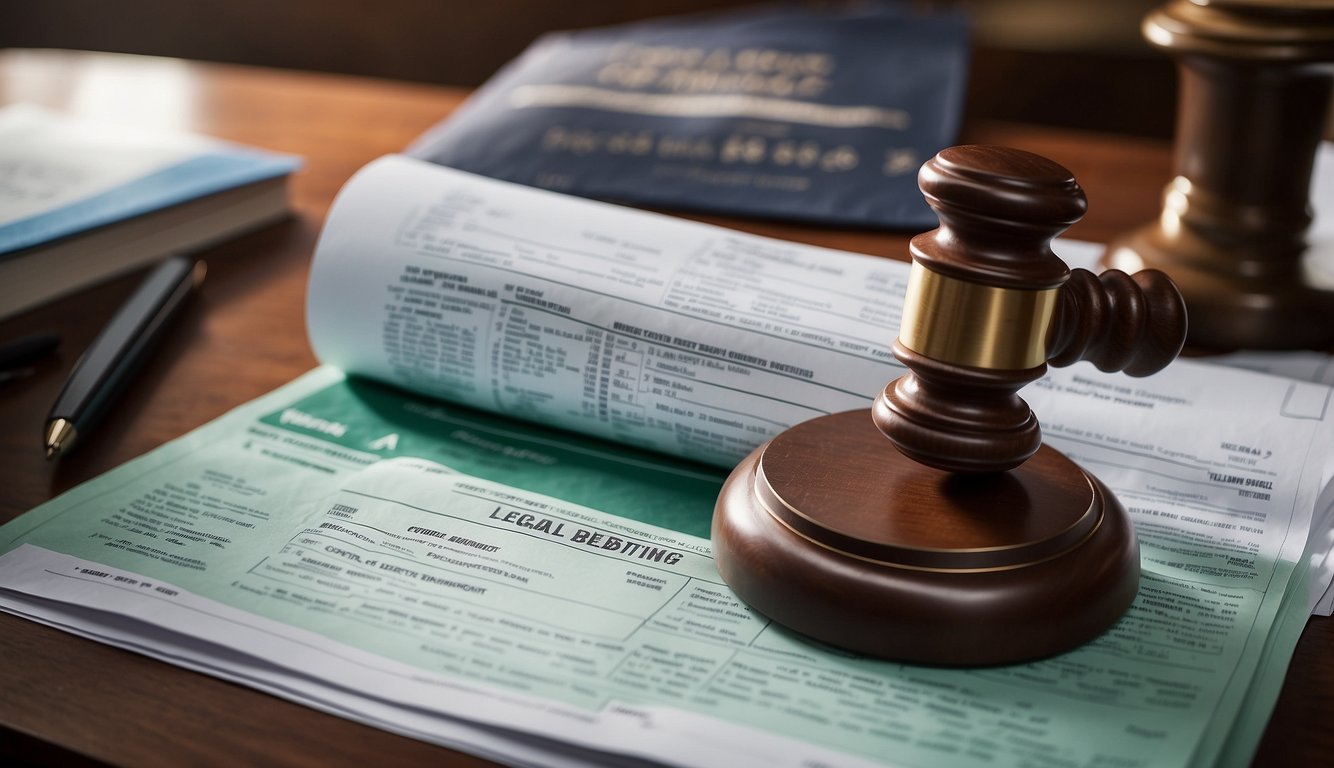 A stack of legal documents with the title "Sports Betting in Vermont" sits on a desk, surrounded by a map of the state and a computer displaying relevant legislation