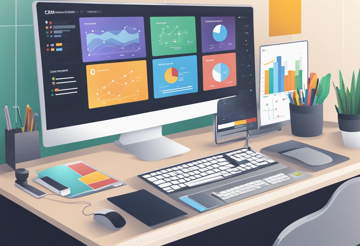 A computer screen displaying various CRM tools with data charts and graphs. A desk with a keyboard and mouse