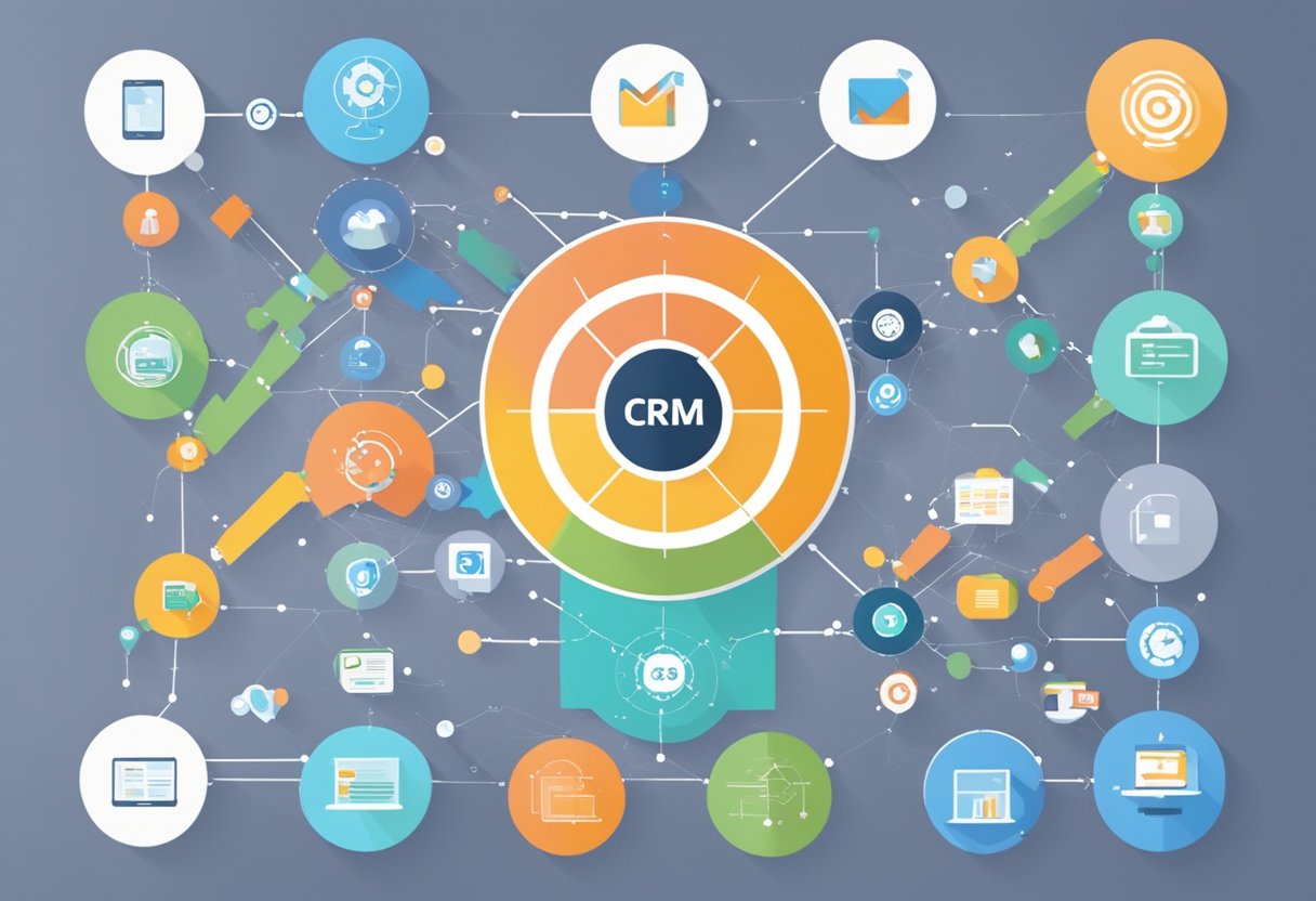 Marketing Automation and CRM tools seamlessly integrate, exchanging data and insights. A flowchart illustrates the interconnected systems, with arrows indicating the transfer of information