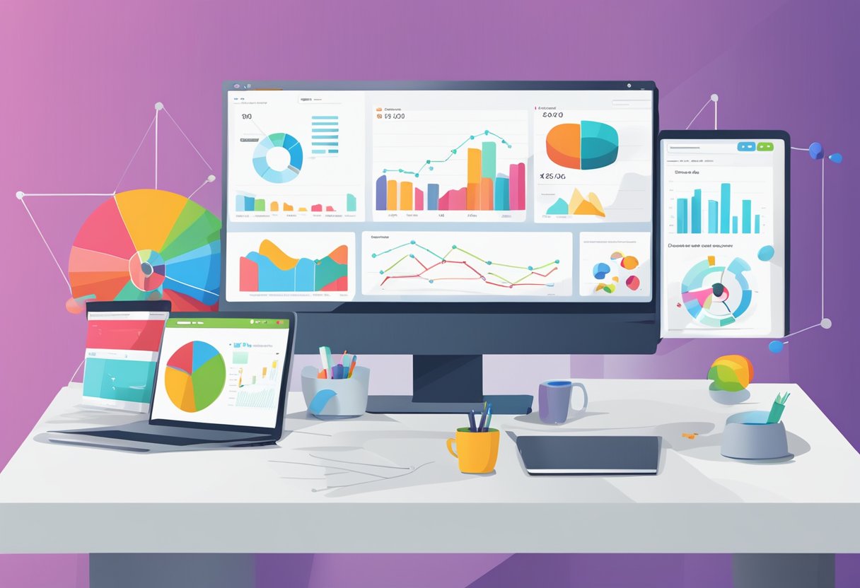 A computer screen displaying various CRM tools with colorful graphs and data charts