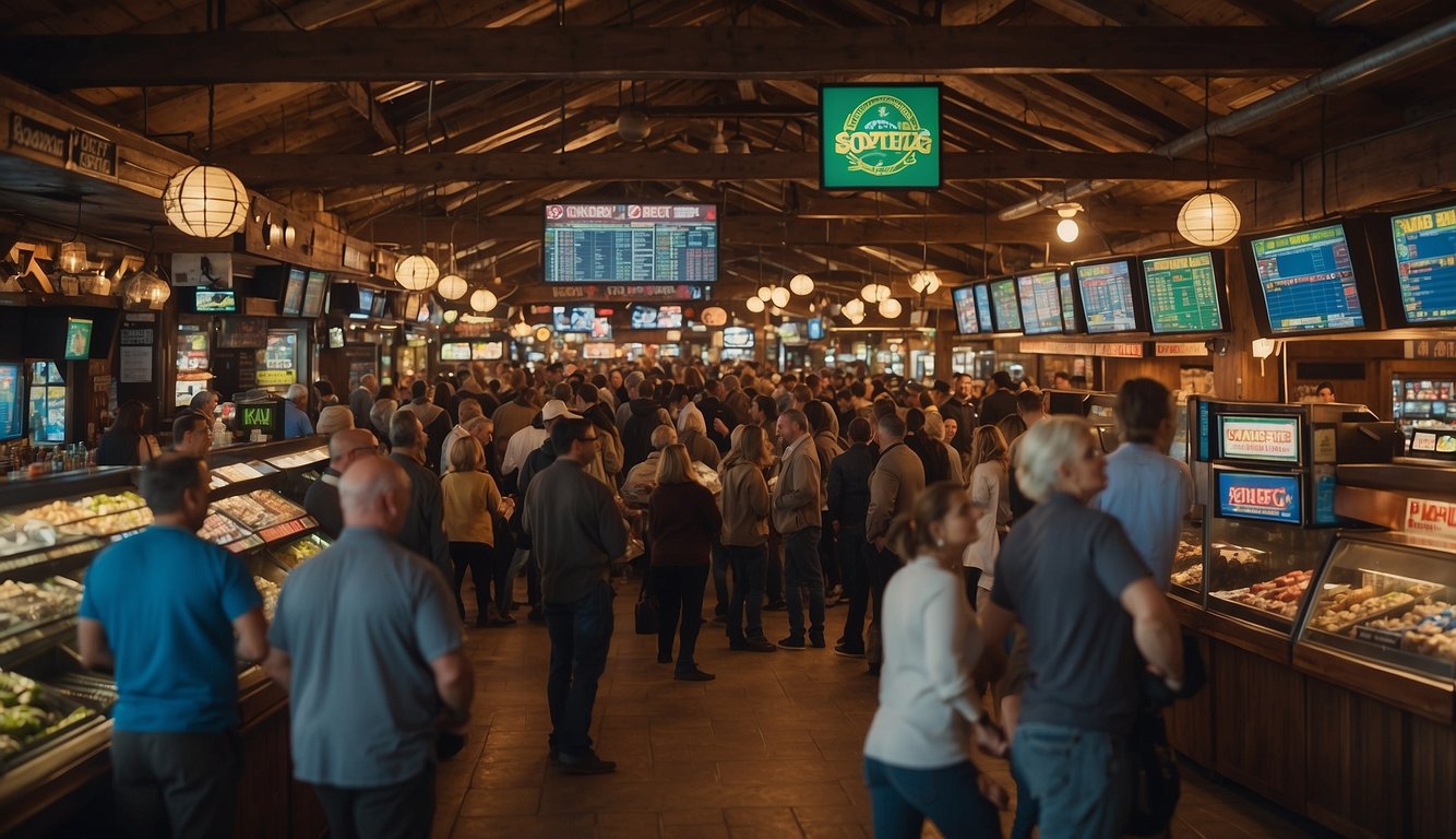 The bustling market with a "Sports Betting Legal in Vermont" sign, indicating the future outlook