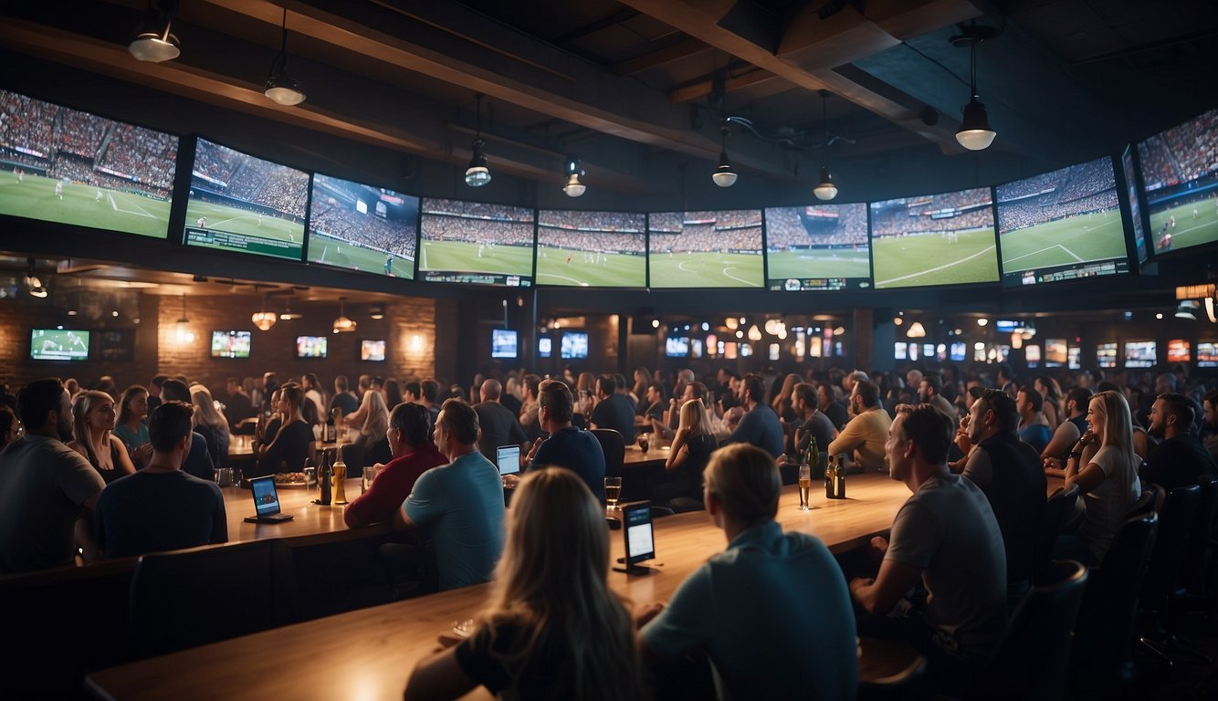 A crowded sports bar with people cheering, watching multiple screens displaying various sports events. Betting slips and tickets are visible on tables