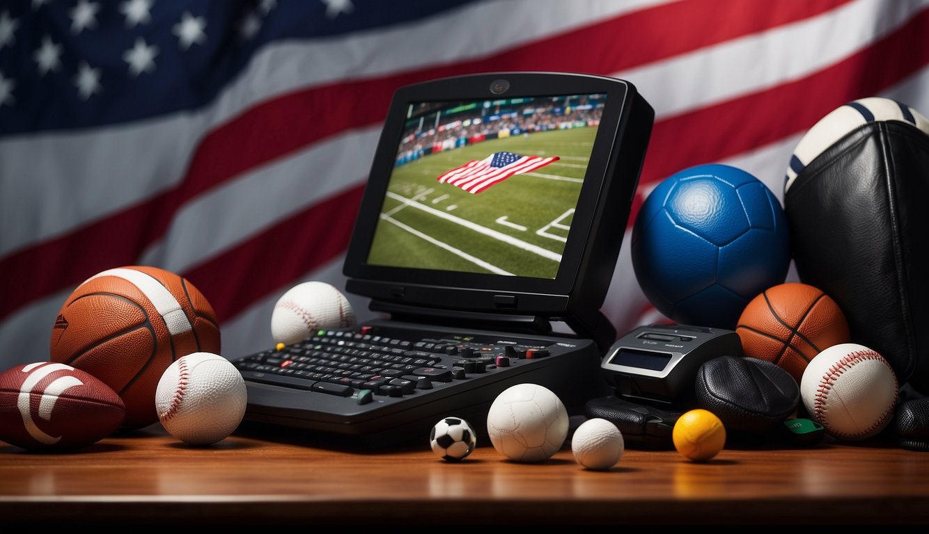 A variety of sports equipment and betting odds displayed on a screen, with a Virginia state flag in the background