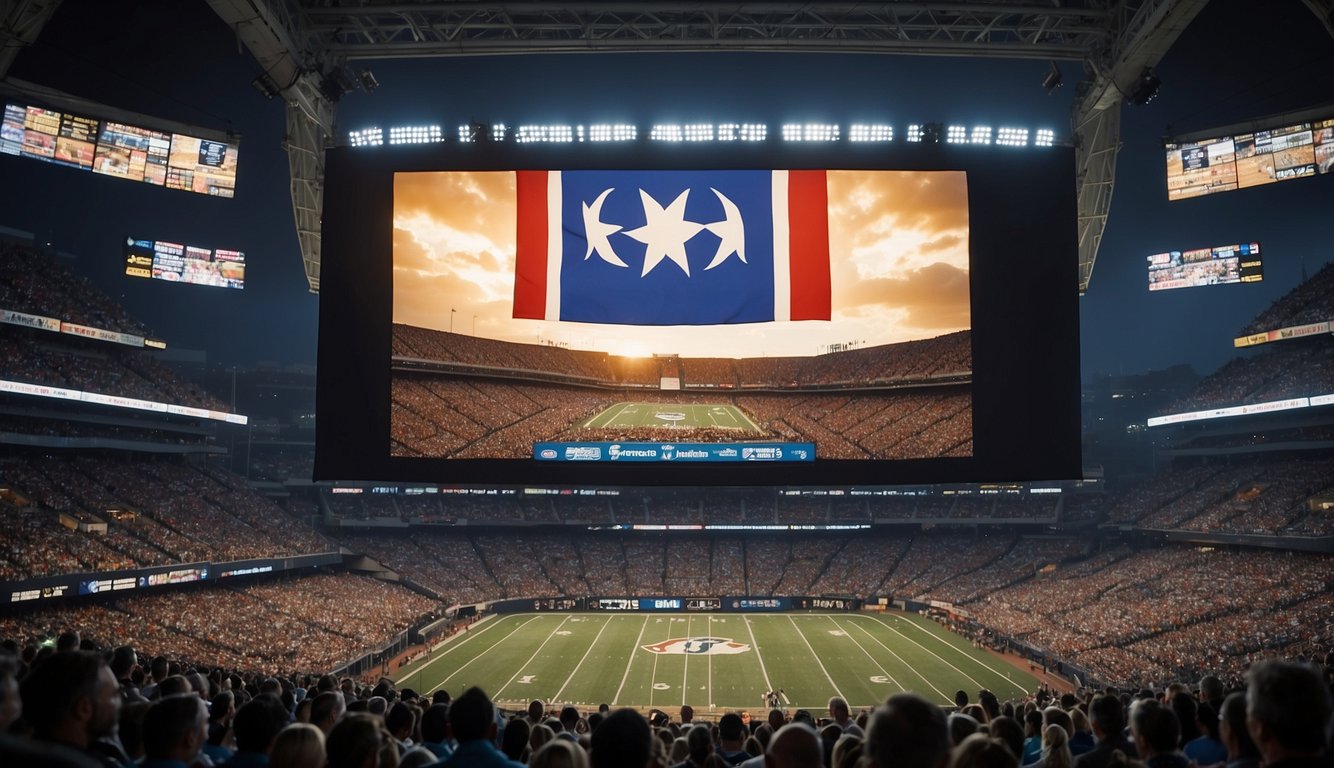 A crowded stadium with a giant screen displaying sports betting odds. Fans cheer as they place bets on their smartphones. A Virginia state flag hangs prominently in the background