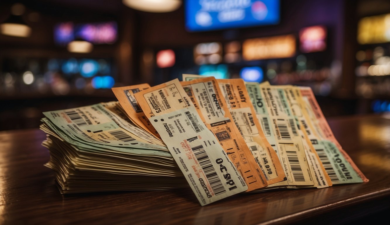 A stack of sports betting tickets sits on a counter, surrounded by a sports bar atmosphere with TVs showing various games