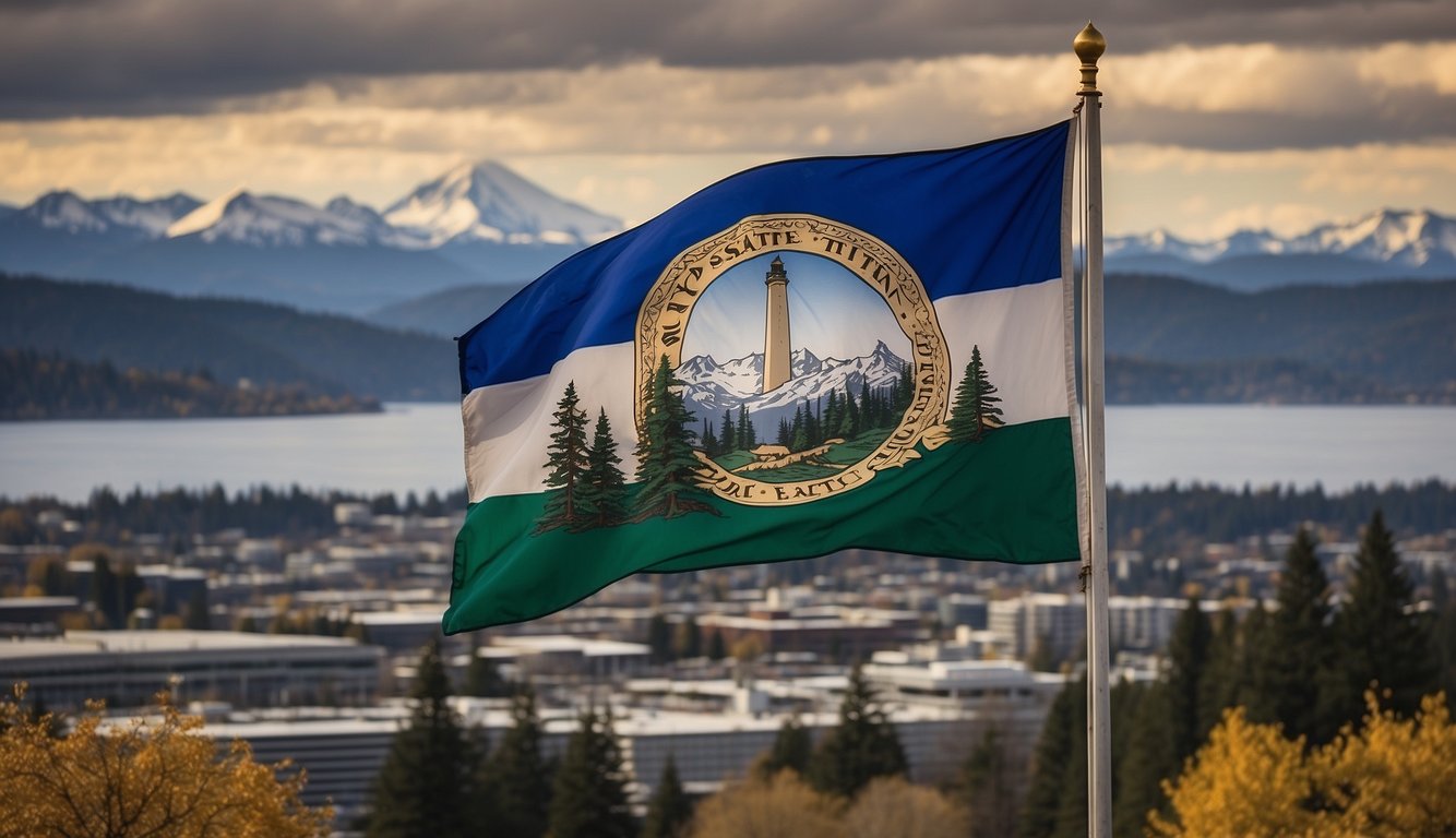 The Washington state flag flying high against a backdrop of the state's iconic landmarks, with legal documents and sports betting regulations displayed prominently