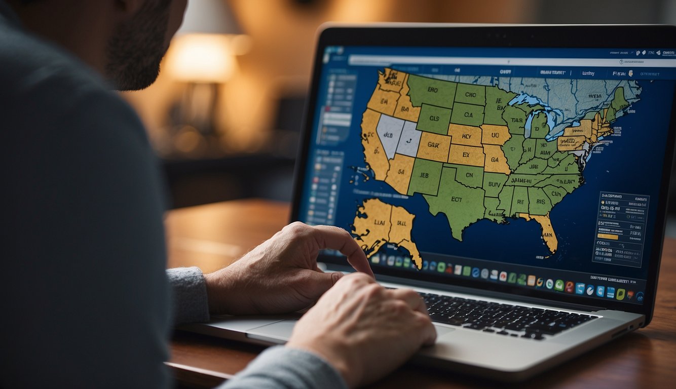 A person researching sports betting on a laptop with a state map of Washington in the background