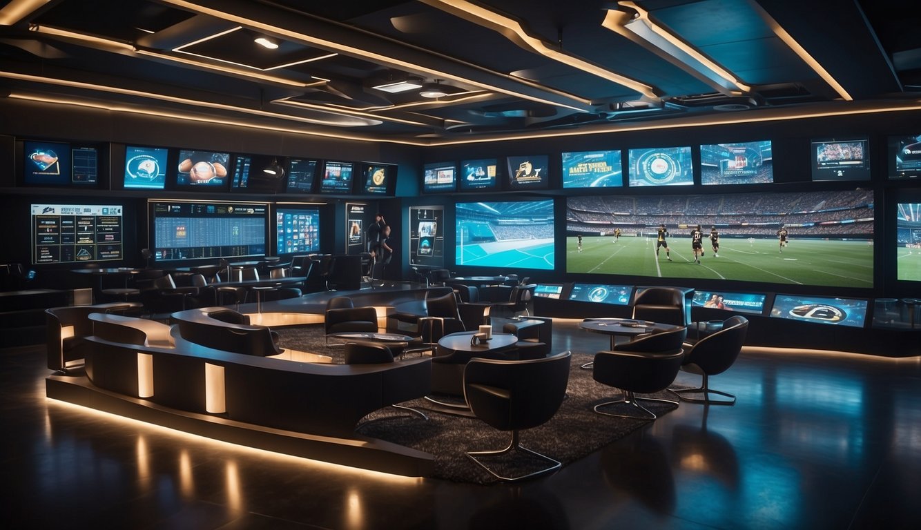 A futuristic sportsbook with digital screens and holographic displays in a sleek, modern setting