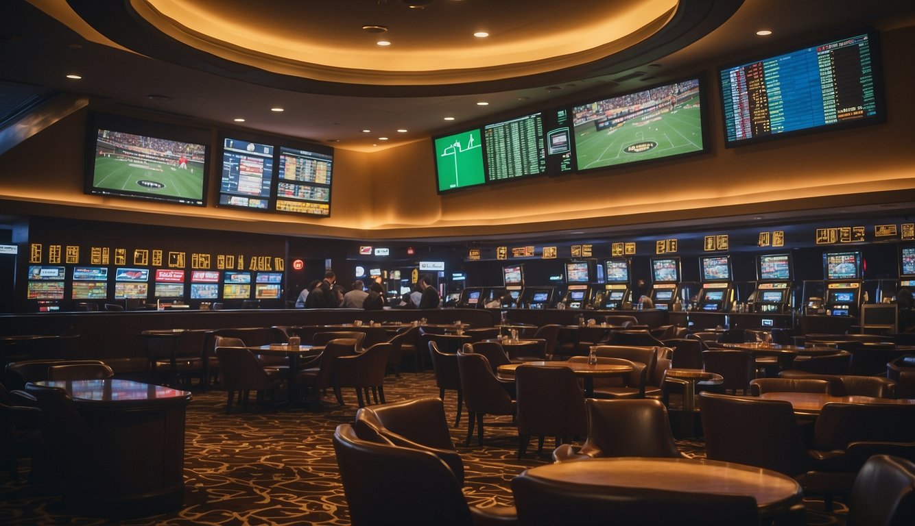 A sportsbook with betting windows and electronic odds boards in a bustling West Virginia casino