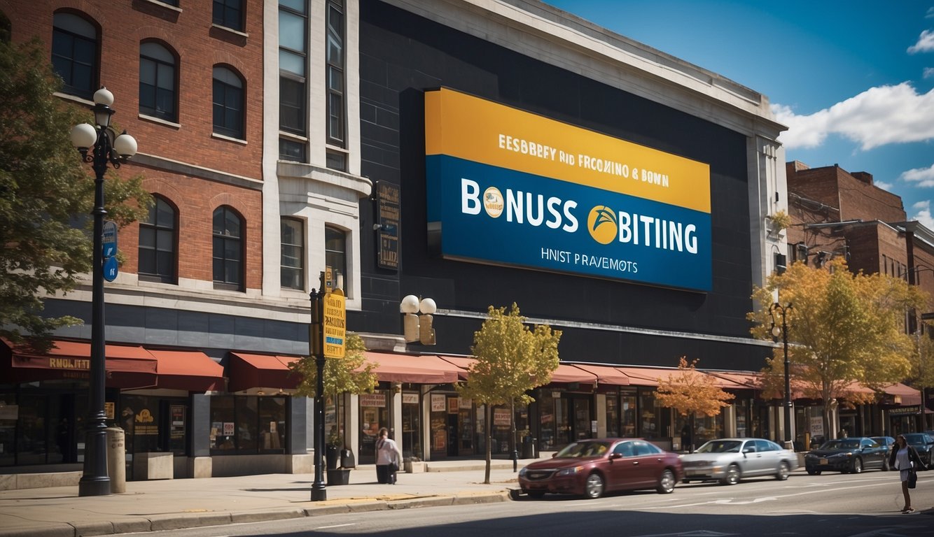 A large billboard in a bustling city center advertises "Bonuses and Promotions in Sports Betting Legal in West Virginia." The sign is bright and eye-catching, drawing in passersby with its bold colors and enticing offers