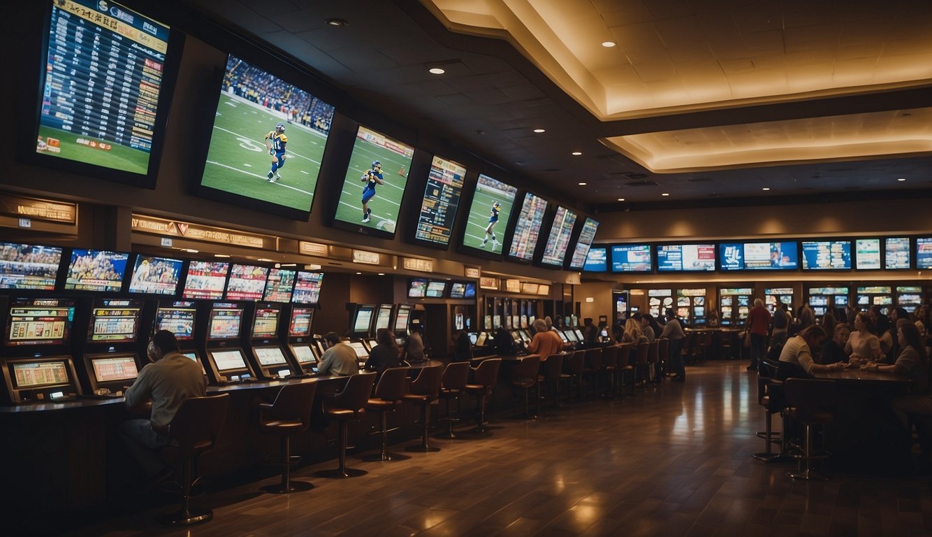 A bustling retail sportsbook in West Virginia, with patrons placing bets and watching sports on large screens