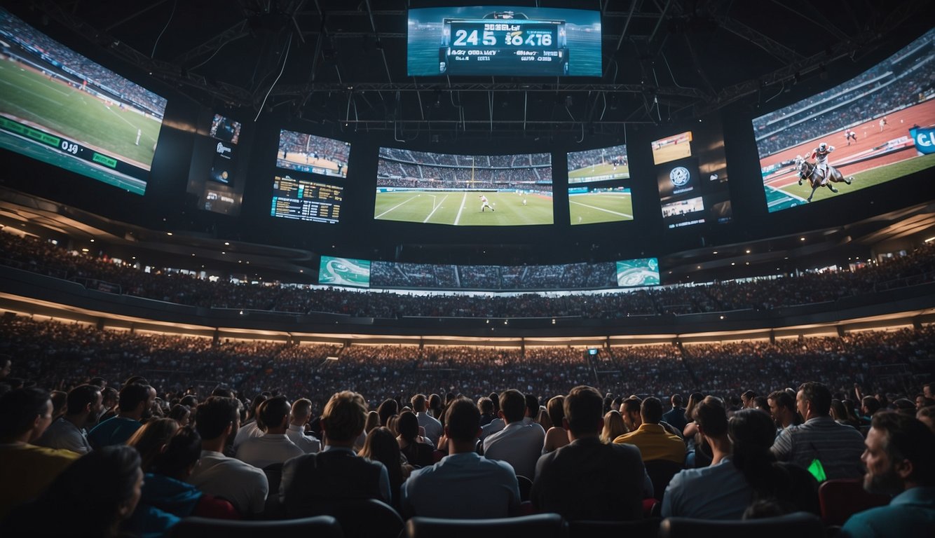 A crowded sports stadium with a large screen displaying odds and various sports events. Fans cheer and place bets at the on-site sportsbook