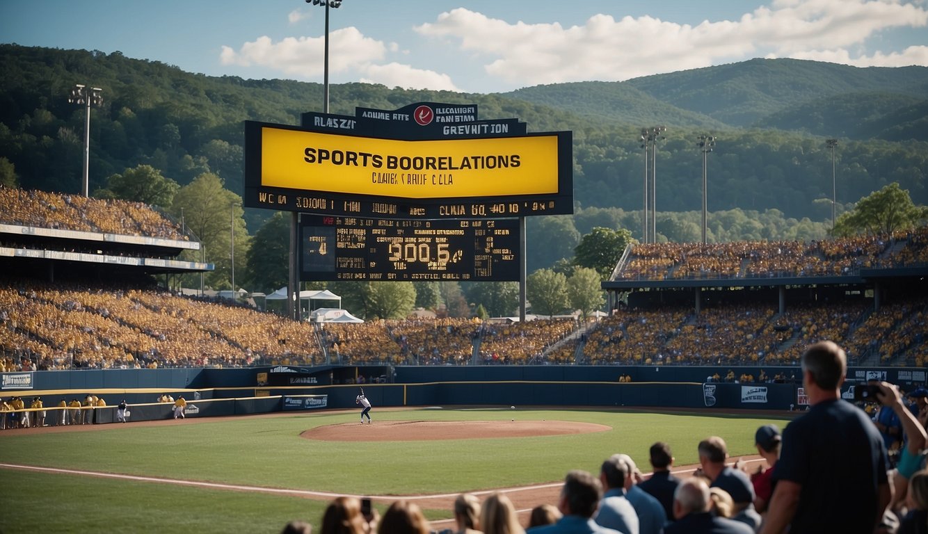 A West Virginia landscape with a sportsbook sign, a crowd cheering at a sports event, and a legal document with "Sports Betting Regulations" prominently displayed