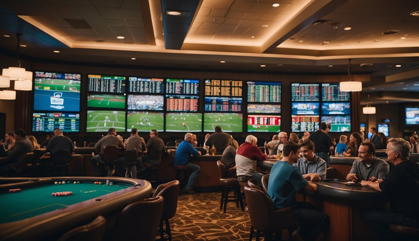 People placing bets at a sportsbook in Wisconsin. Odds boards and TV screens display upcoming games. The atmosphere is lively and exciting