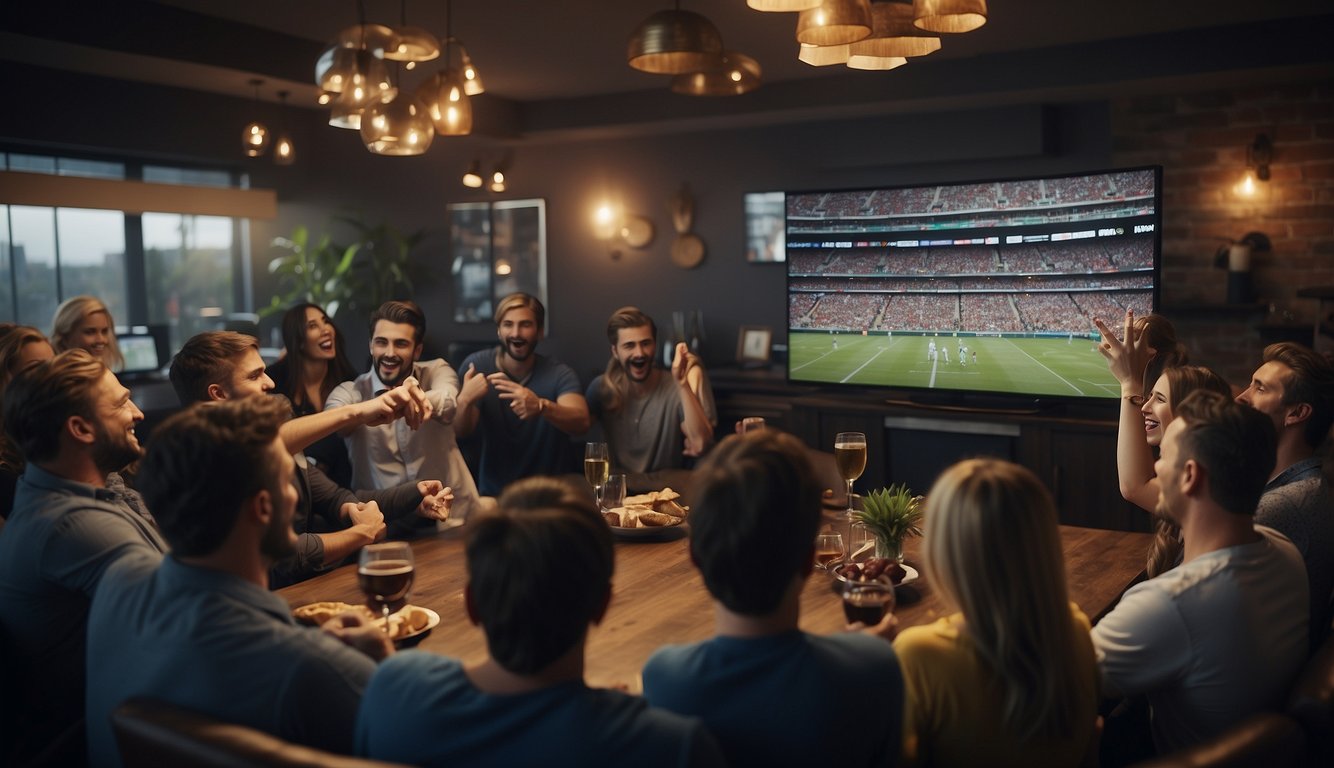 A group of people gathering around a television screen, cheering and celebrating as they watch a live sports event. Betting slips and tickets are scattered on the table