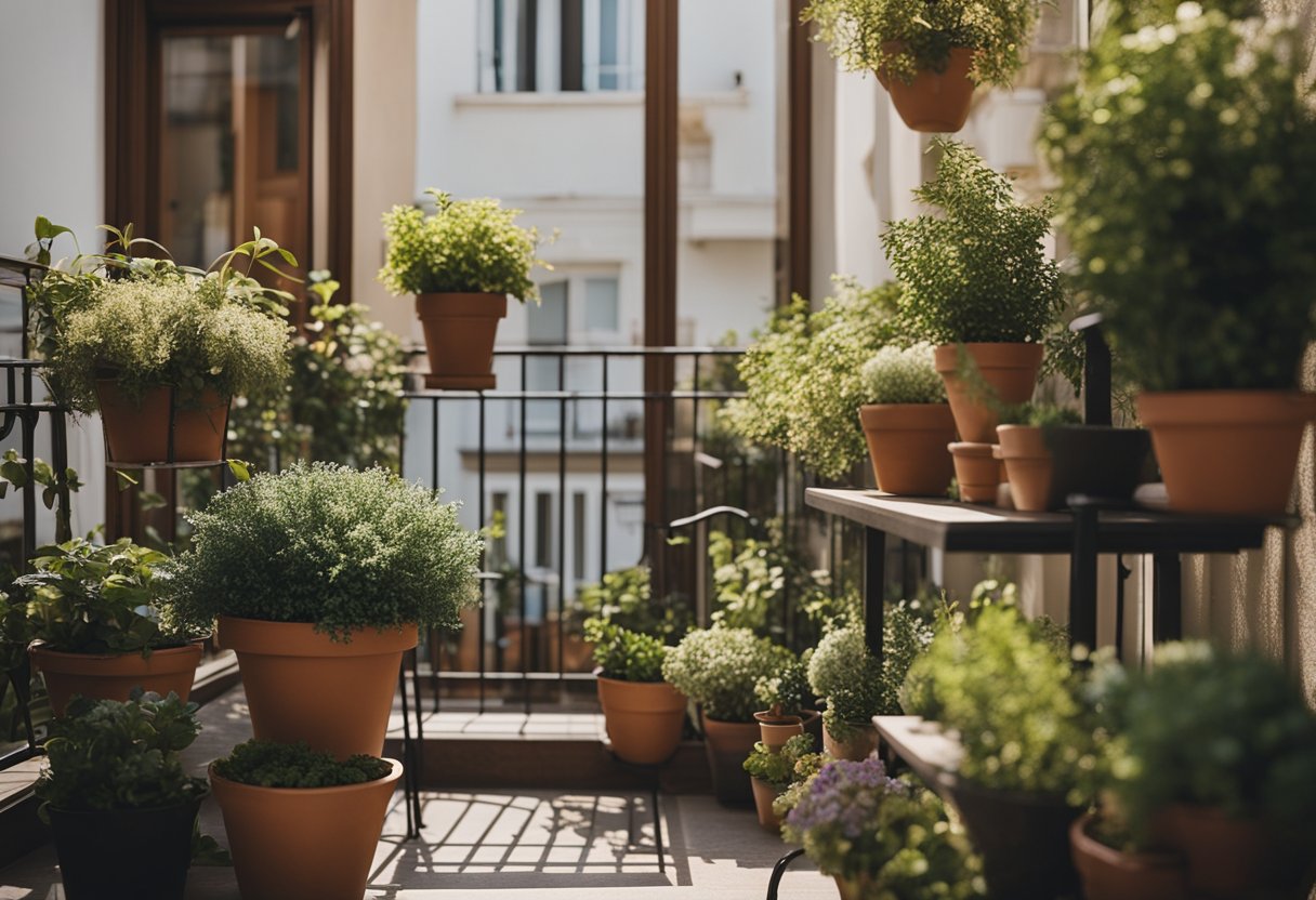 A small balcony with potted plants, hanging baskets, and a small table and chairs. A variety of greenery and flowers create a cozy garden space