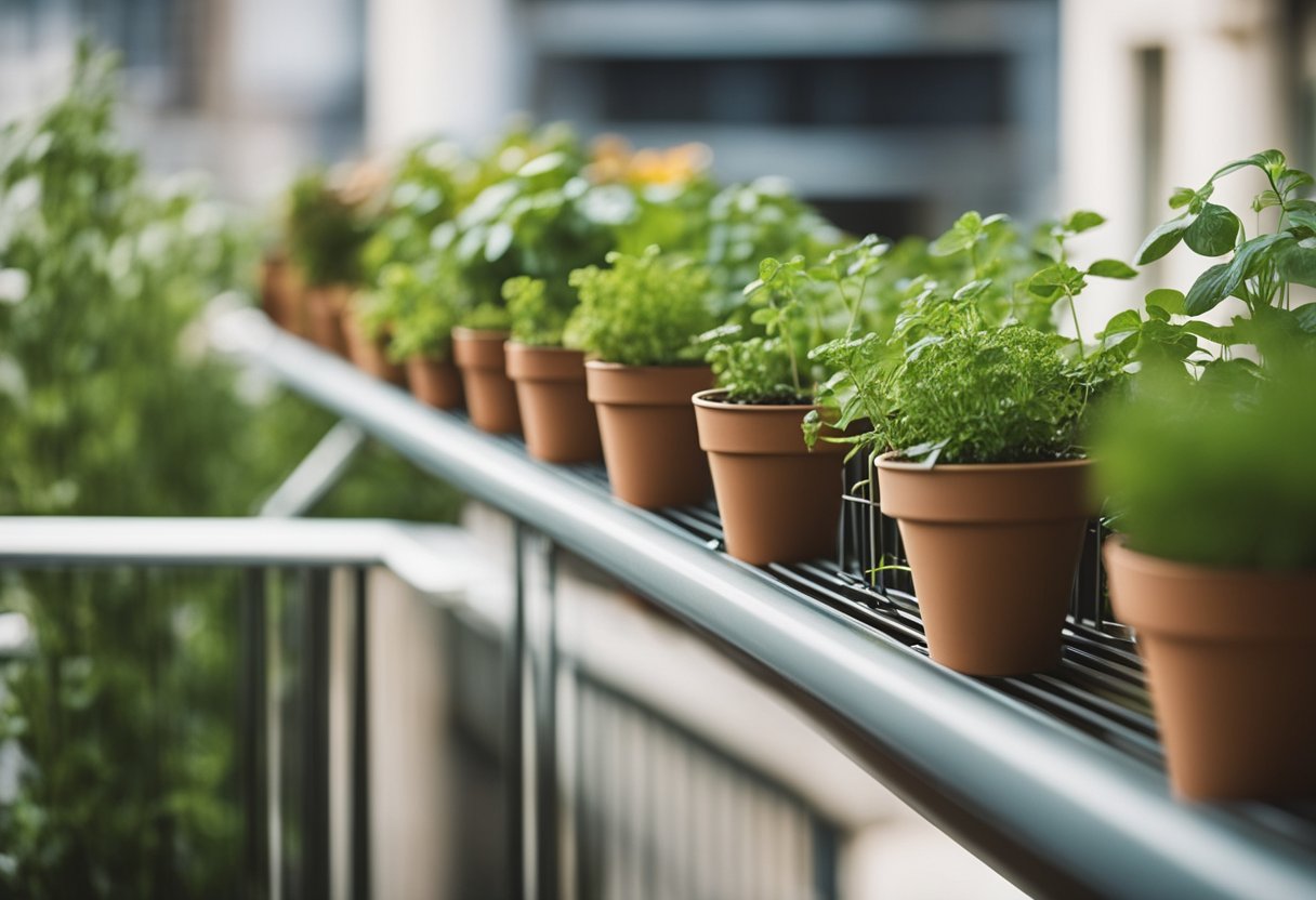 A narrow balcony with a vertical herb garden, pots hanging from a railing, and plants arranged in a space-saving manner