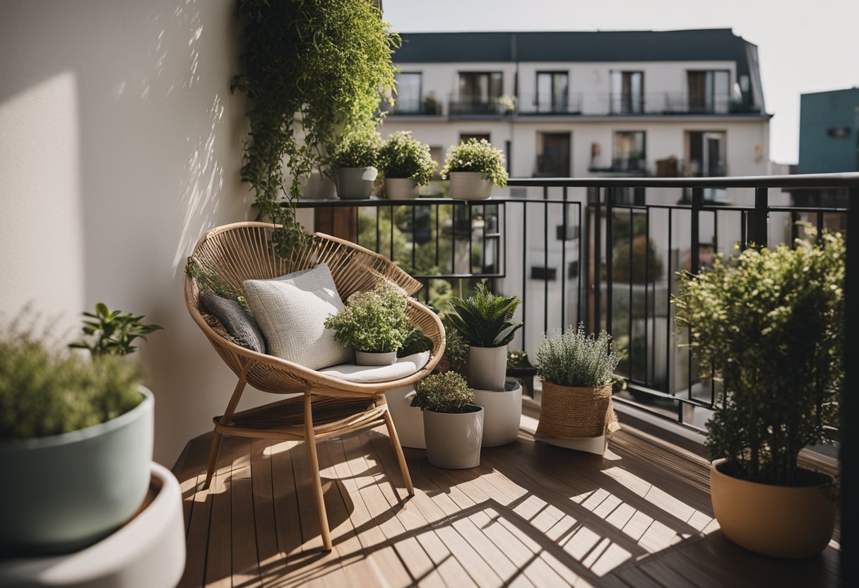 A small balcony with compact patio furniture, potted plants, and hanging gardens. A cozy space for relaxation and enjoying the outdoors