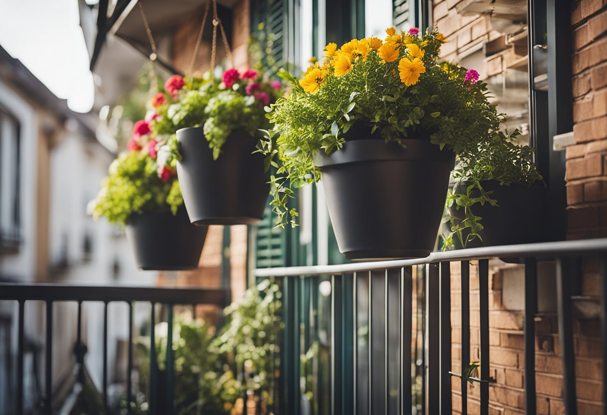 Several hanging planters filled with vibrant flowers and greenery adorn a small apartment balcony, creating a lush and inviting garden space