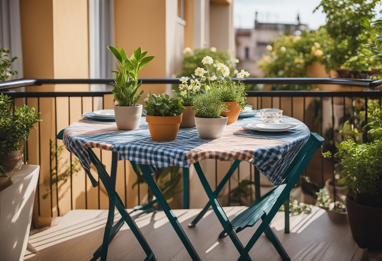 A foldable balcony table sits on a small apartment balcony, surrounded by potted plants and herbs. The table is adorned with a colorful tablecloth and a small vase of flowers, creating a cozy and inviting outdoor space